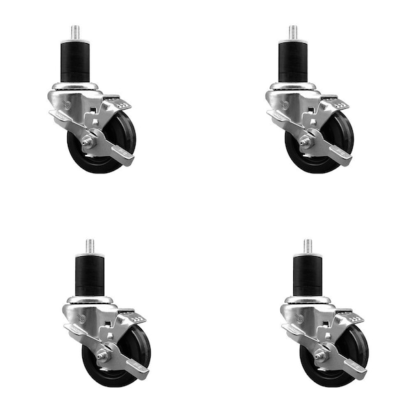 3'' Phenolic Swivel 1-3/4'' Expanding Stem Caster Set with Brake, 4PK